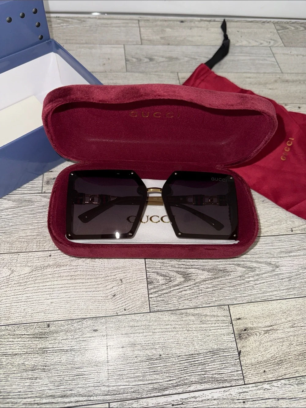 New Designer inspired Oversized Square Sunglasses in Burgundy and Gold